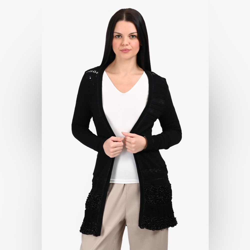 Roberto Cavalli Wool Blend Ruffle Cardigan Black Size IT 42 - Picture 11 of 14